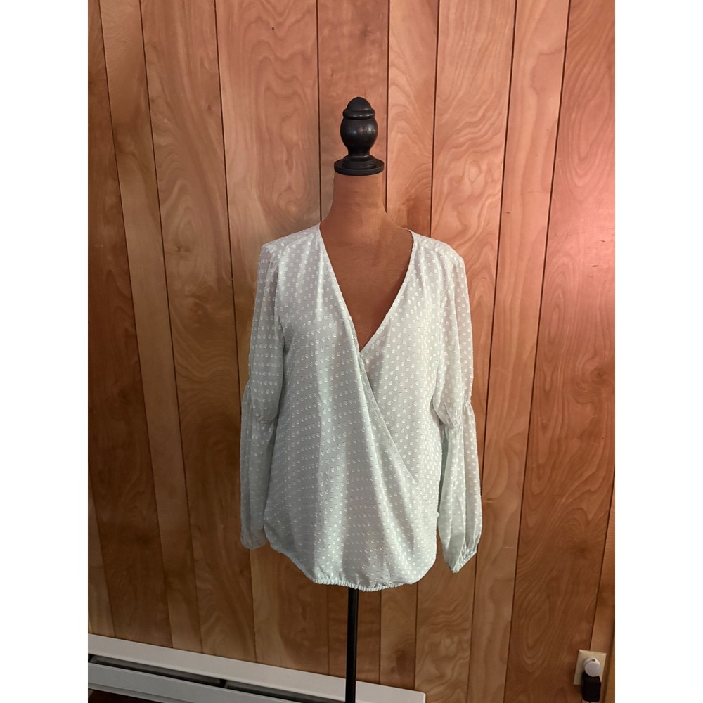 LOFT Outlet Womens‎ Small Sage Green Swiss Dot Surplice Wrap Blouse Long Sleeve